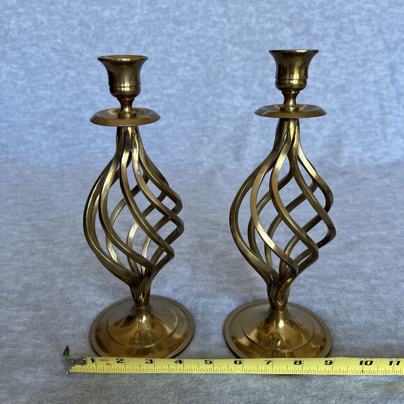 Vintage Brass Heavy 11" Pair Spiral Twist Cyclone Style Victorian Candle Holder - Picture 6 of 12